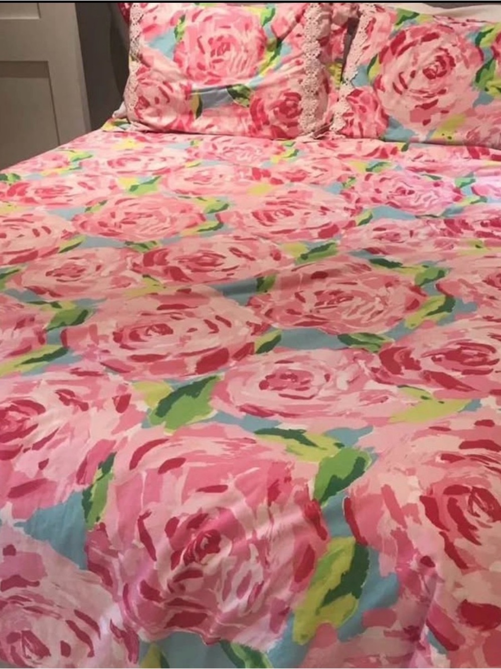 Lilly Pulitzer Pink Rose Floral Duvet Cover with Green Accents
